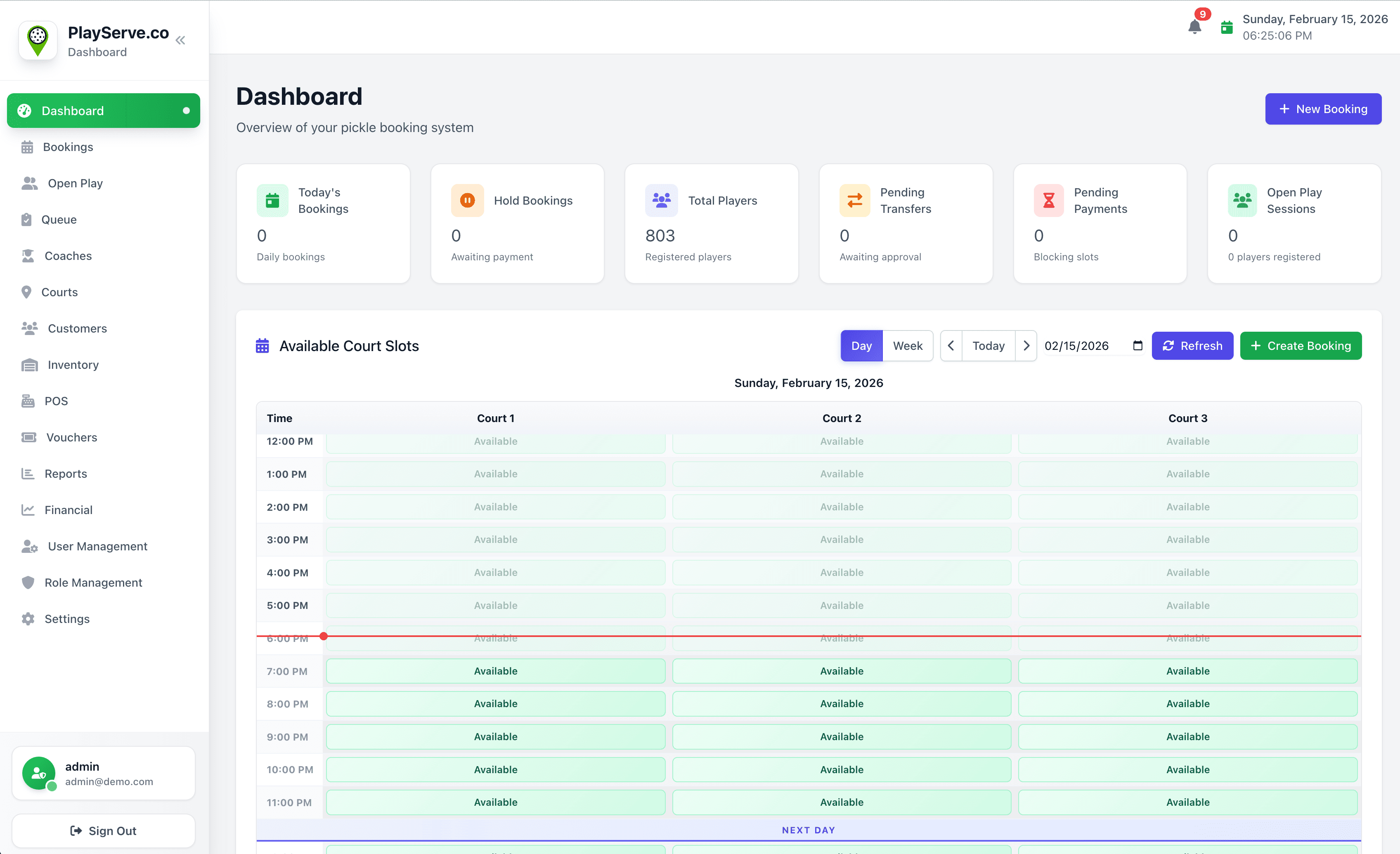 PlayServe dashboard with interactive court calendar and booking management