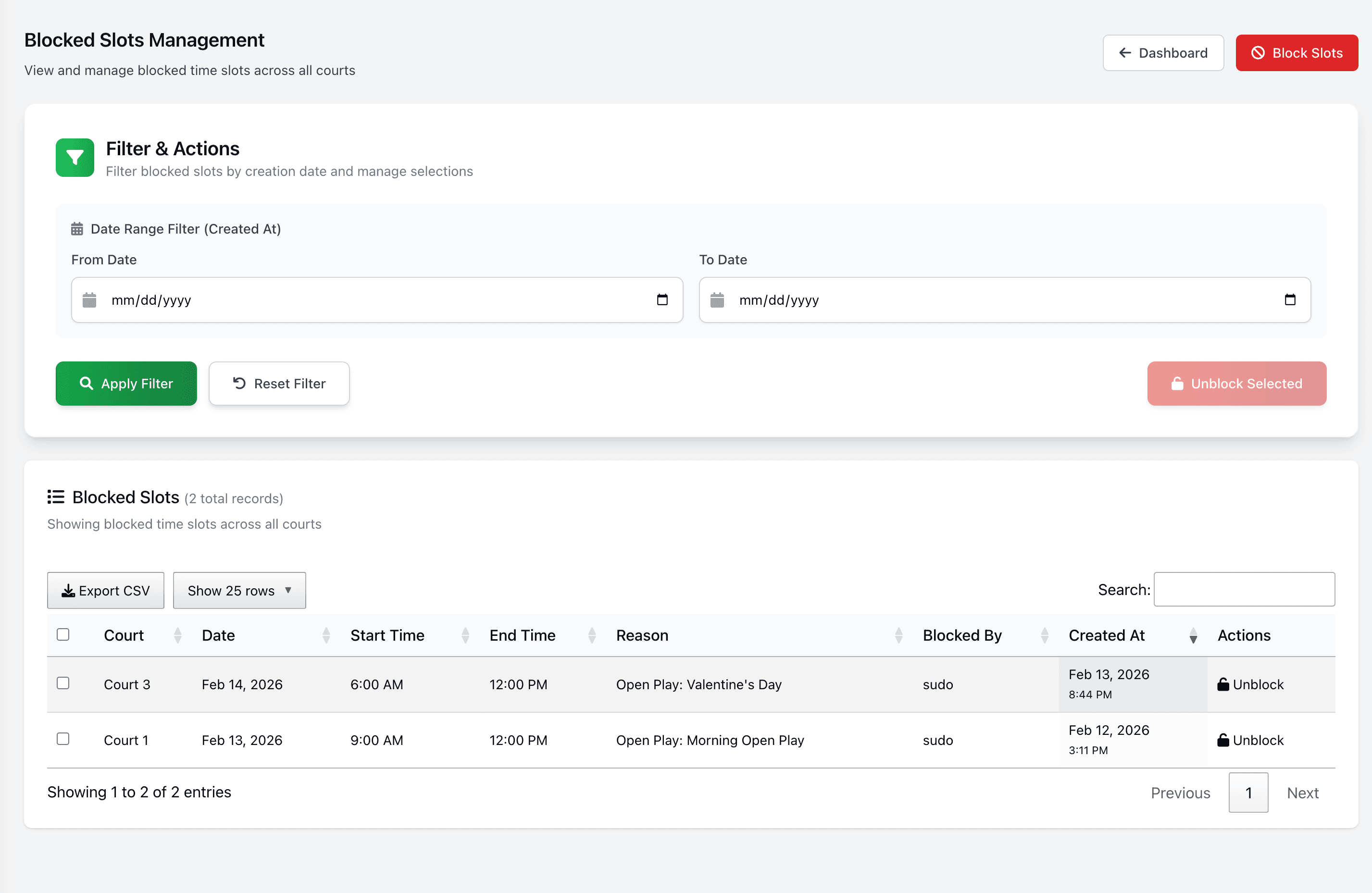 Slot blocking interface for court booking management