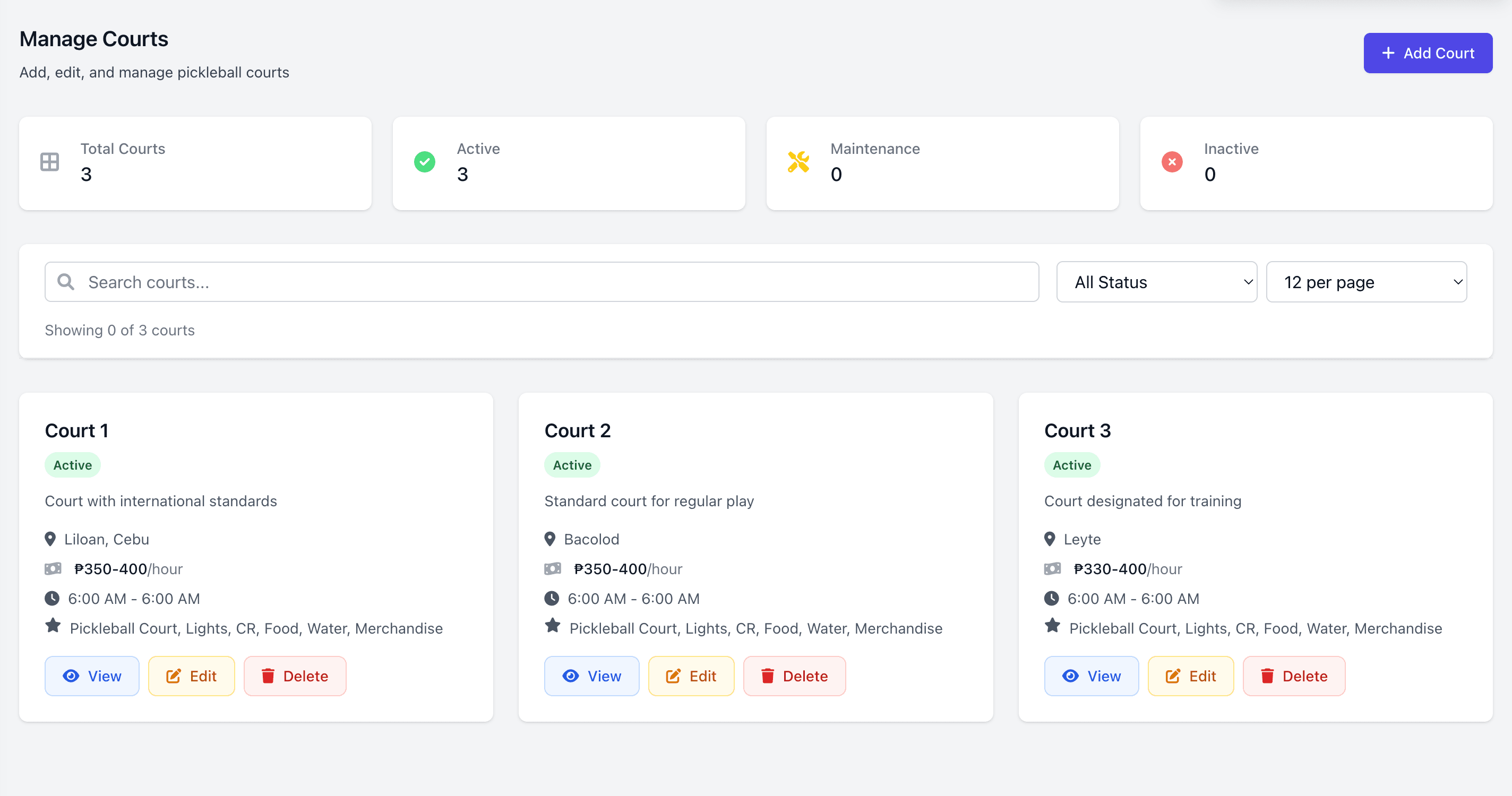 Court and booking management interface