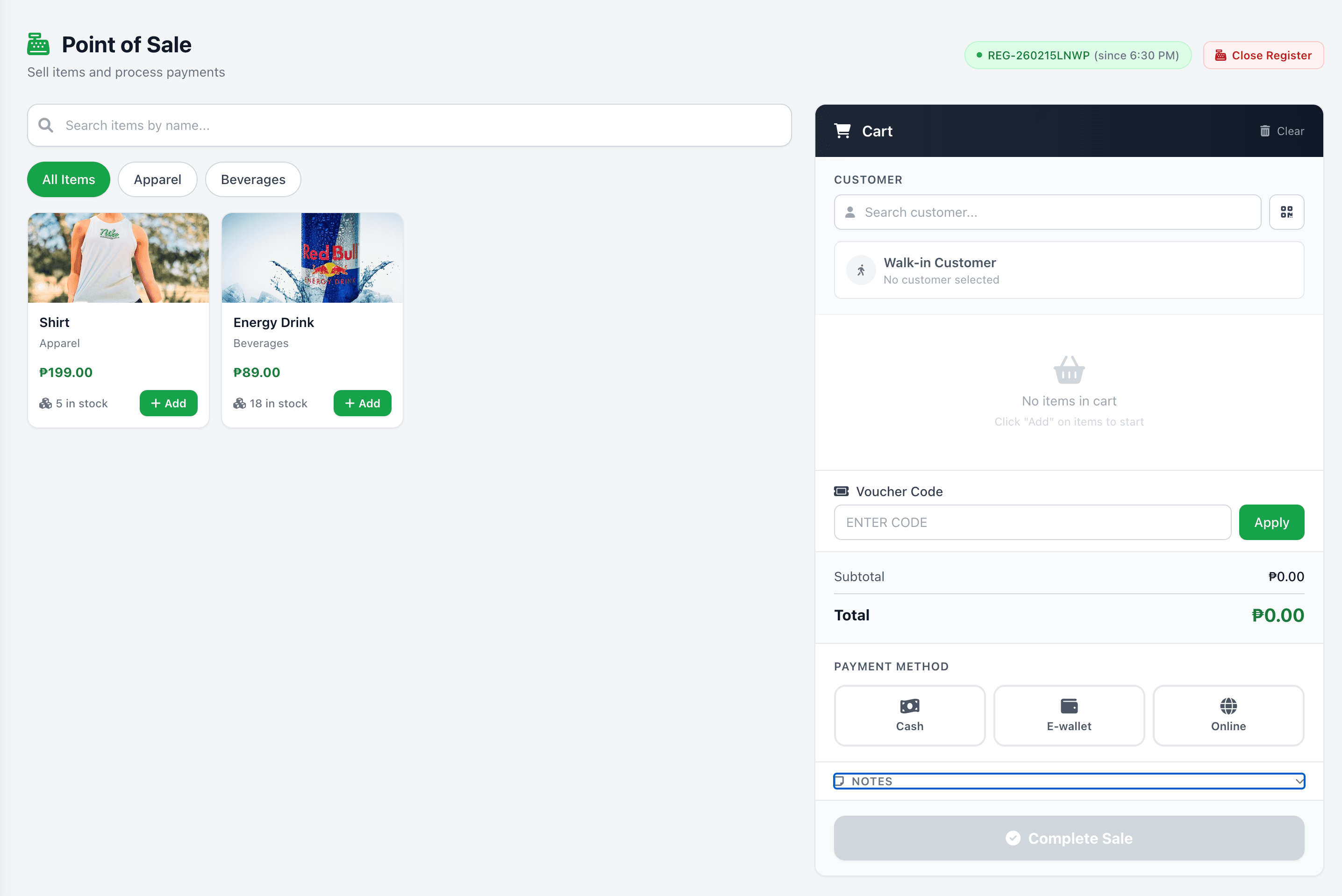 Point of sale terminal with product catalog and cart