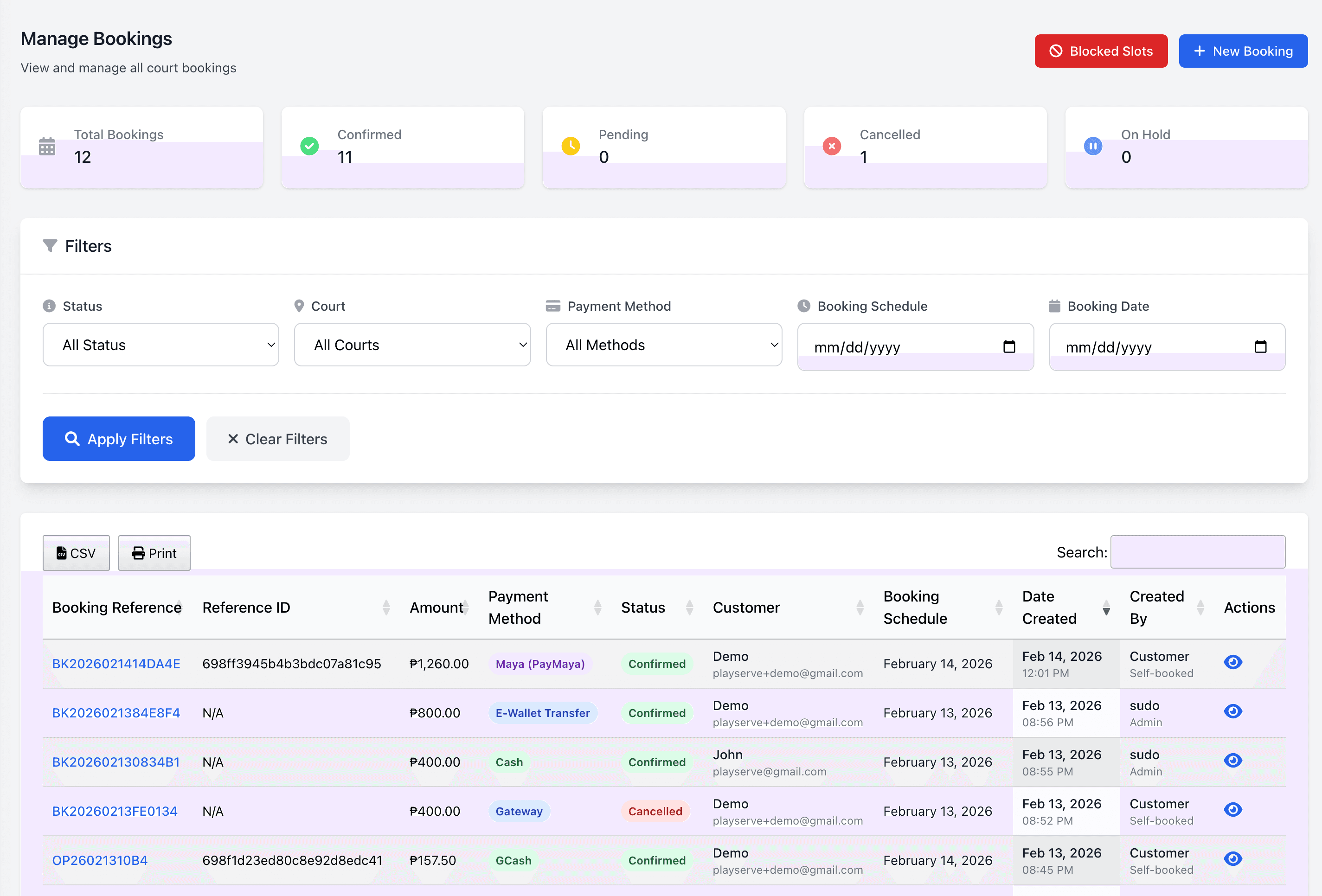 Court booking calendar interface with time slot picker