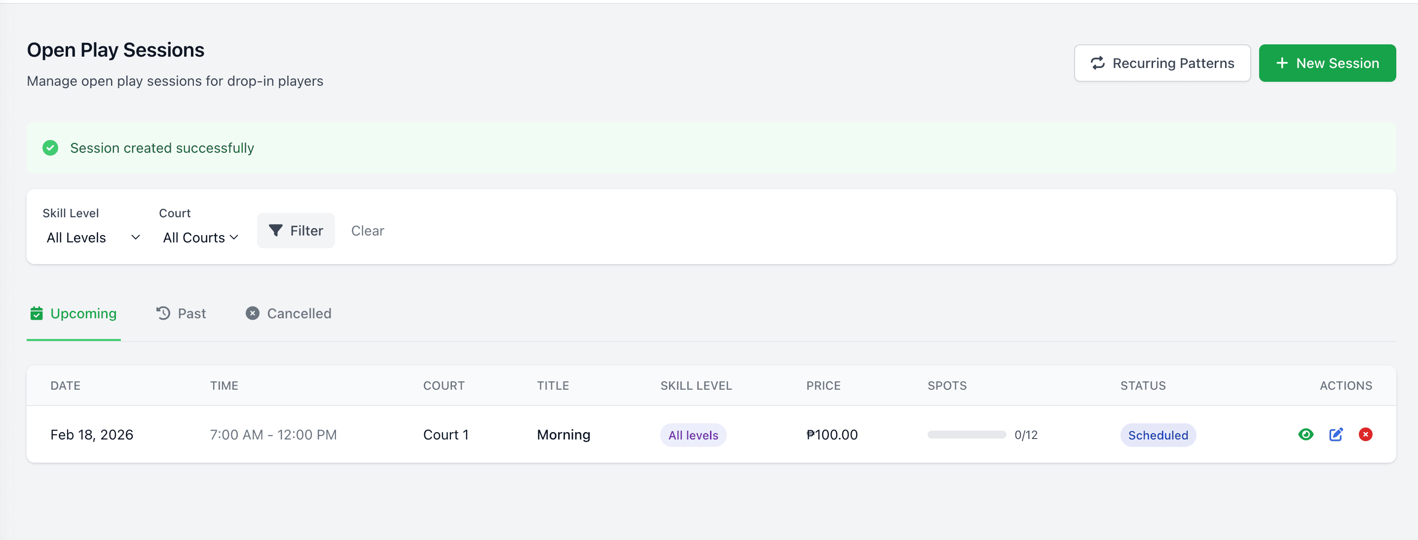 Open play session listing with skill level filters