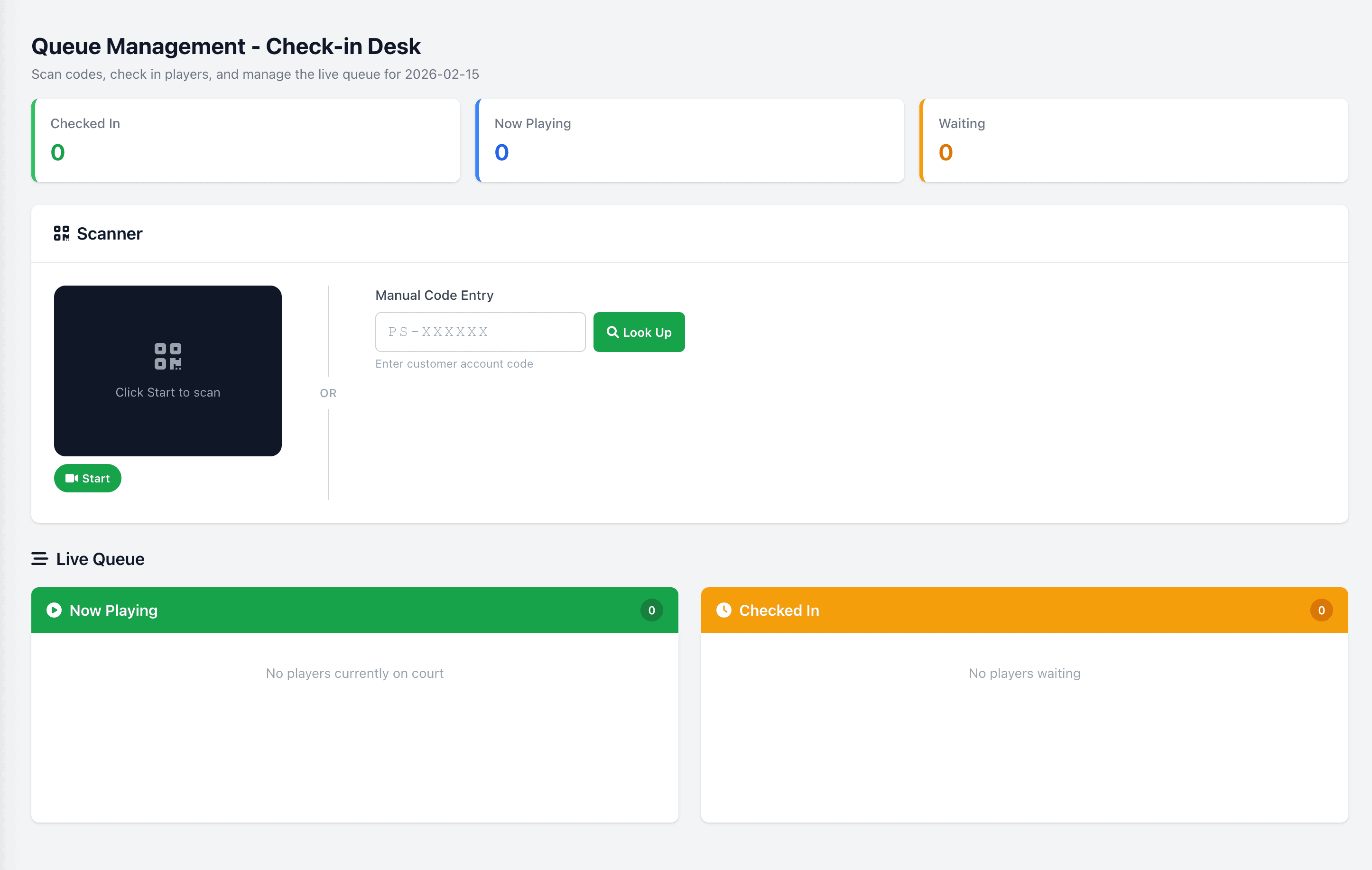 Queue management display showing real-time court availability