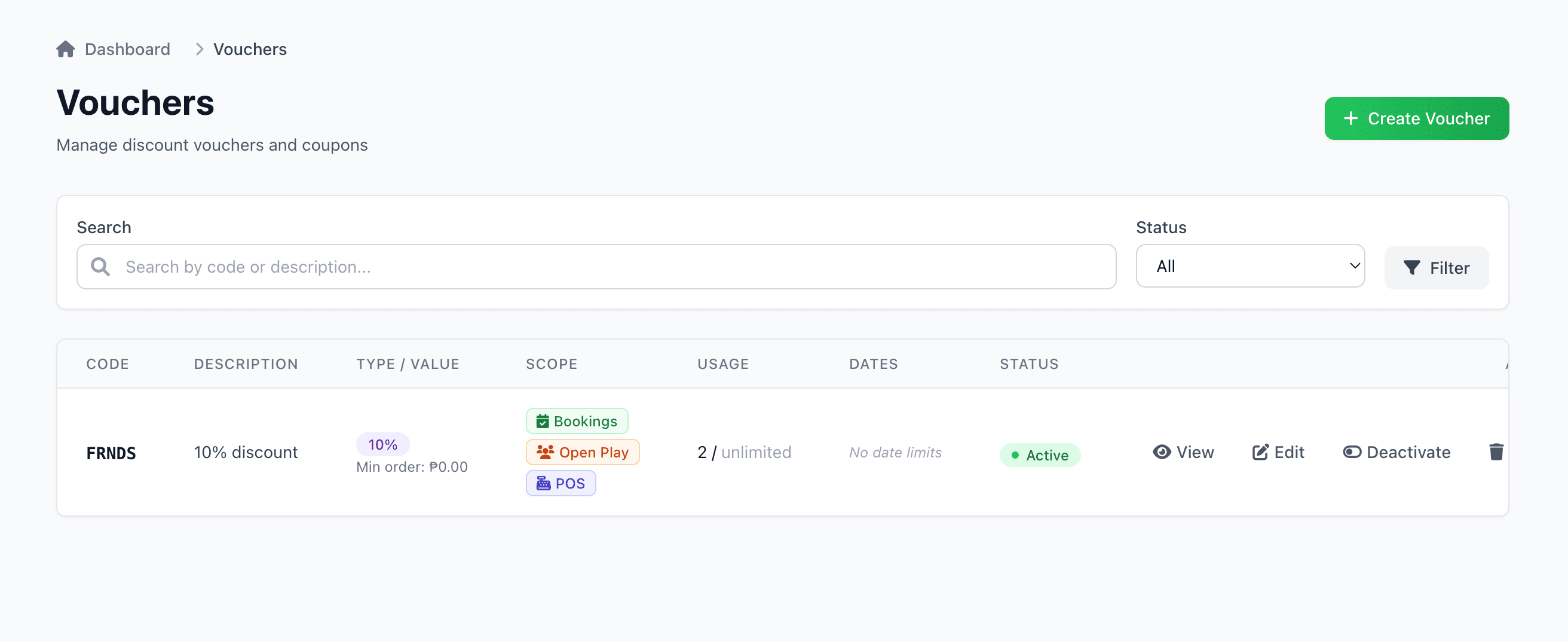 Voucher management dashboard with active promotions